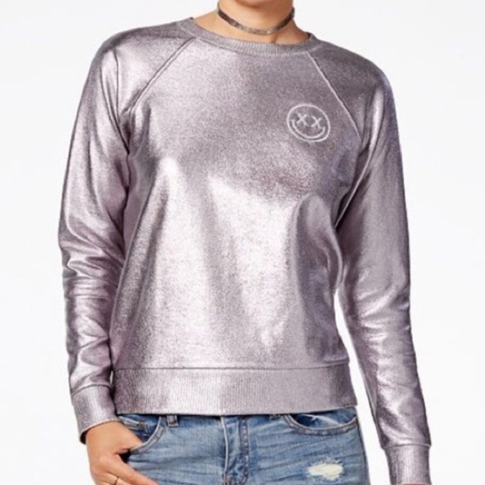 Polly & Esther Metallic Silver Gray Crewneck Sweatshirt with Ribbed Trim Small